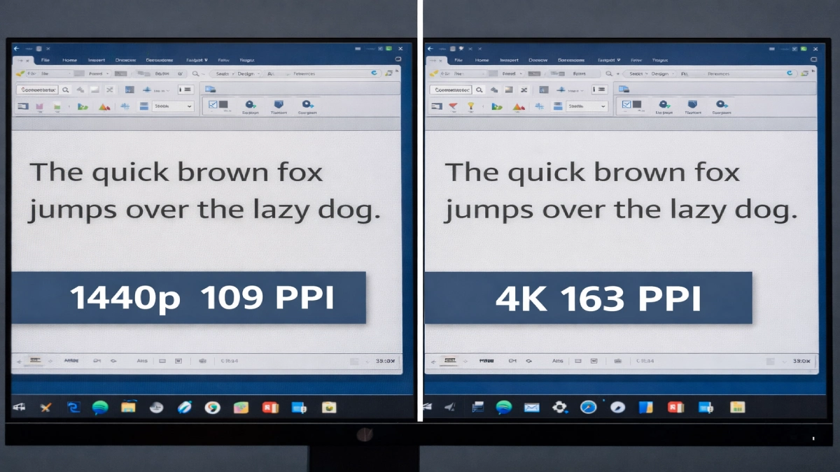 Diferență de claritate a textului între monitor 4K și 1440p la 27 de inci