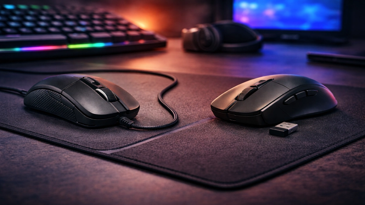 Comparație între un mouse de gaming cu fir și un mouse de gaming wireless, așezate pe un birou de gaming