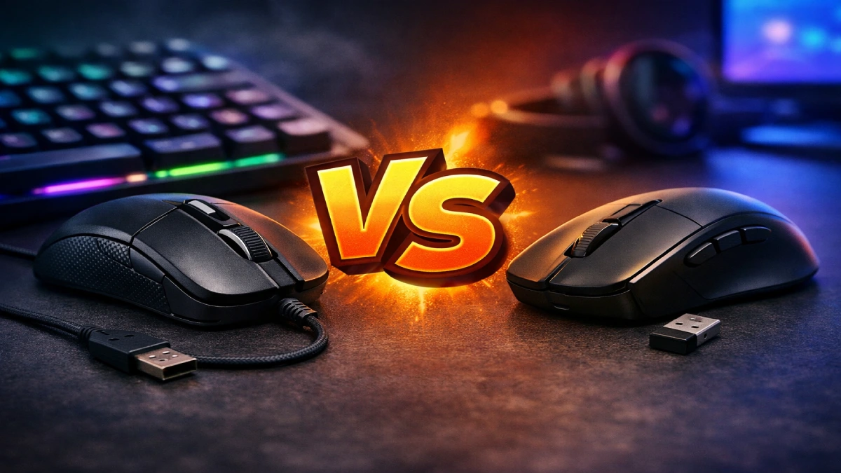 Comparație între un mouse de gaming cu fir și un mouse de gaming wireless, așezate pe un birou de gaming