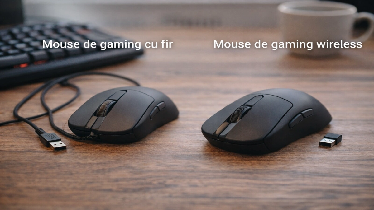 Comparație vizuală între un mouse de gaming cu fir și unul wireless, așezate pe birou din lemn
