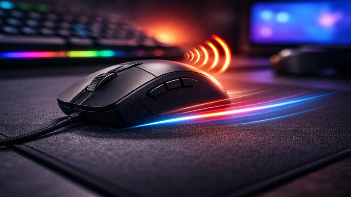 Mouse de gaming cu senzor optic performant, surprins în mișcare pe mousepad, evidențiind precizia și tracking-ul rapid