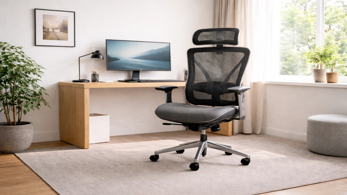 Scaun ergonomic de birou cu spătar mesh într-un setup de lucru de acasă, cu lumină naturală