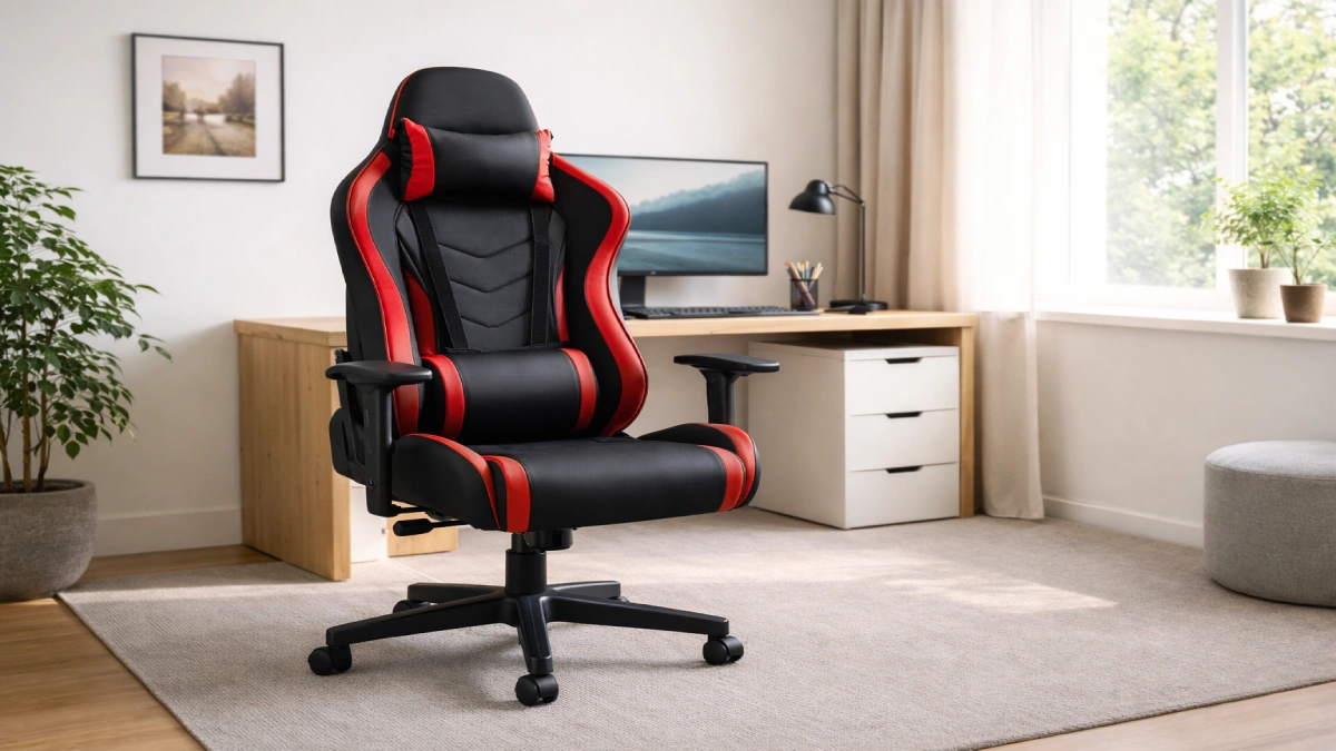 Scaun de gaming tip racing într-un setup de birou de acasă, cu lumină naturală