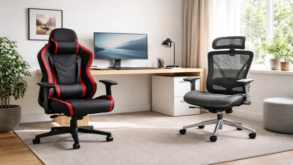 Scaun de gaming și scaun ergonomic de birou într-un setup de lucru cu lumină naturală