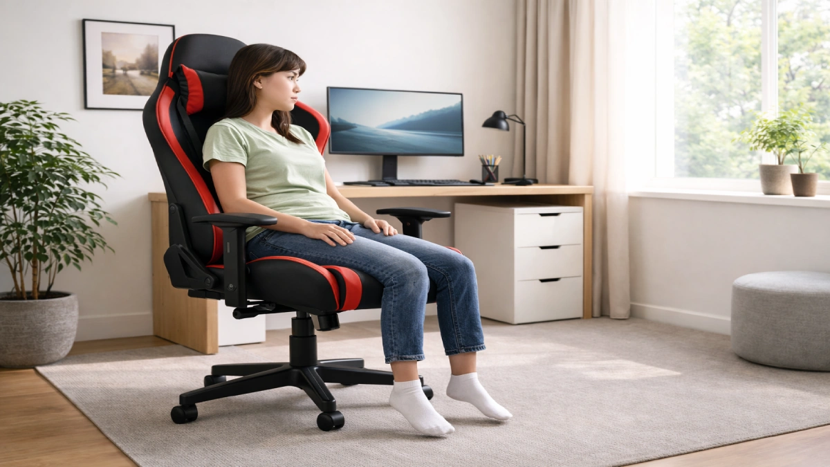 Utilizator așezat pe un scaun prea mare pentru statura sa, cu picioarele care nu ating complet podeaua