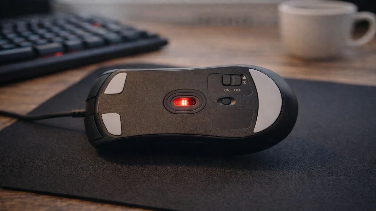 Detaliu cu senzorul unui mouse de gaming, fotografiat pe suprafață de birou pentru a ilustra tracking-ul și precizia