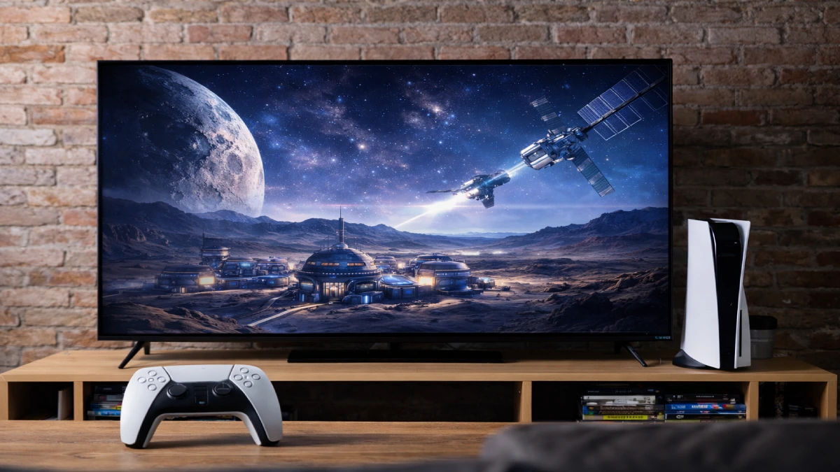 Setup de gaming într-un living tip loft, cu televizor mare și consolă de jocuri amplasată pe mobilier din lemn