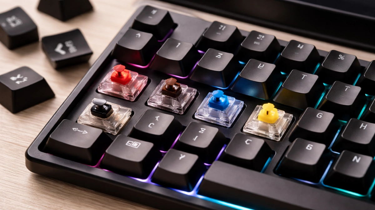 Detaliu cu switch-uri mecanice pentru tastatură de gaming