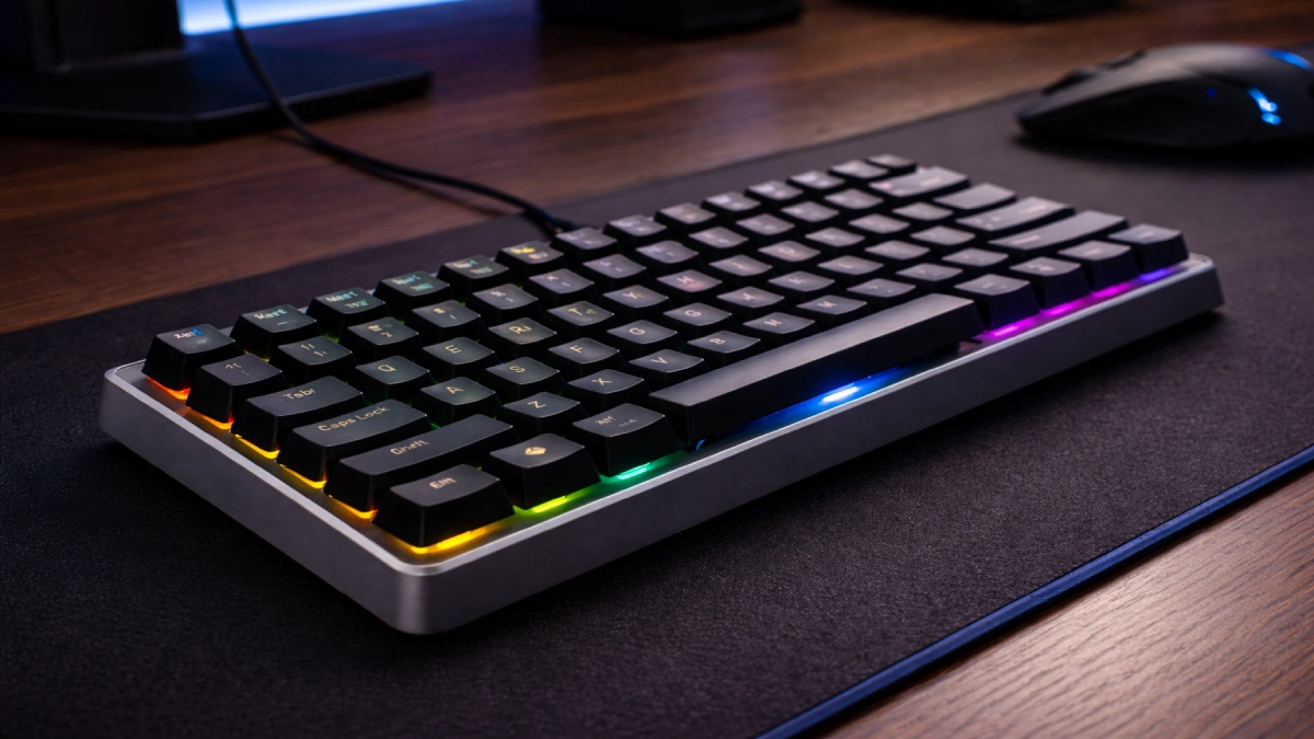 Tastatură de gaming mecanică cu taste ridicate și iluminare RGB, fotografiată pe un birou de lucru