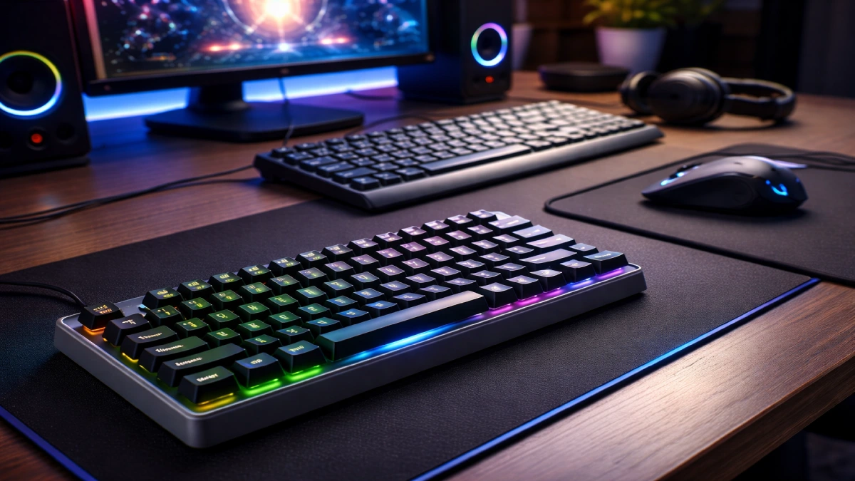 Tastatură de gaming mecanică și tastatură cu membrană, așezate pe un birou de gaming modern