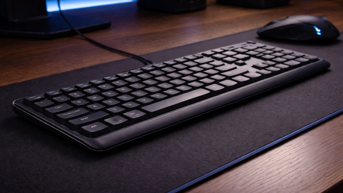 Tastatură de gaming cu membrană, cu profil jos și iluminare discretă, așezată pe un birou de lucru