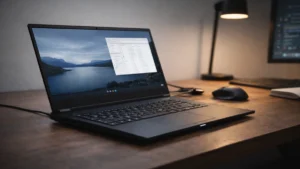 Laptop de gaming folosit pe un birou, într-un context real de utilizare, cu accent pe răcire și temperatură