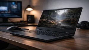 Laptop de gaming deschis pe un birou, fotografiat într-un context real de utilizare