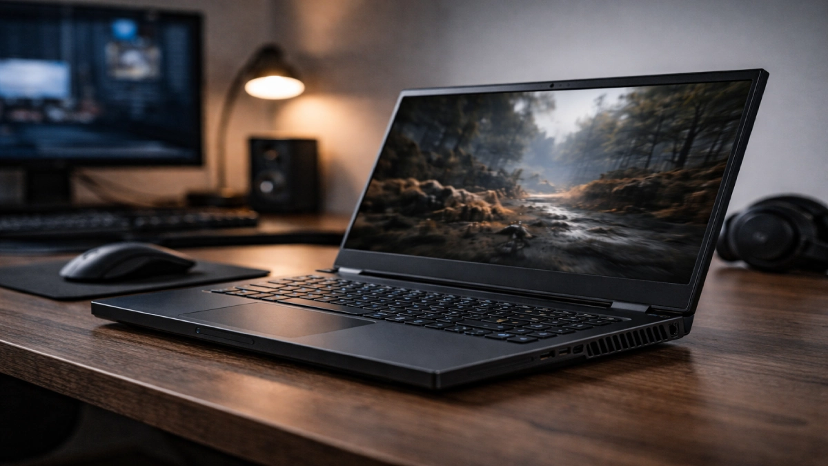 Laptop de gaming deschis pe un birou, fotografiat într-un context real de utilizare