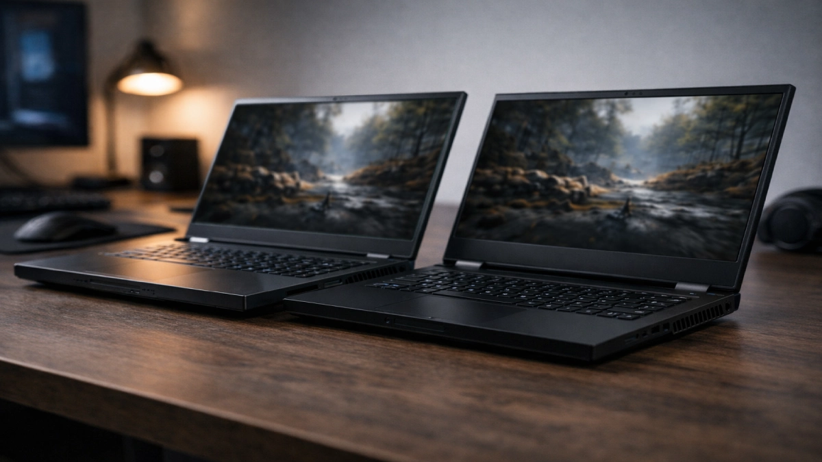 Două laptopuri de gaming similare, cu diferențe de design și răcire, fotografiate în utilizare reală