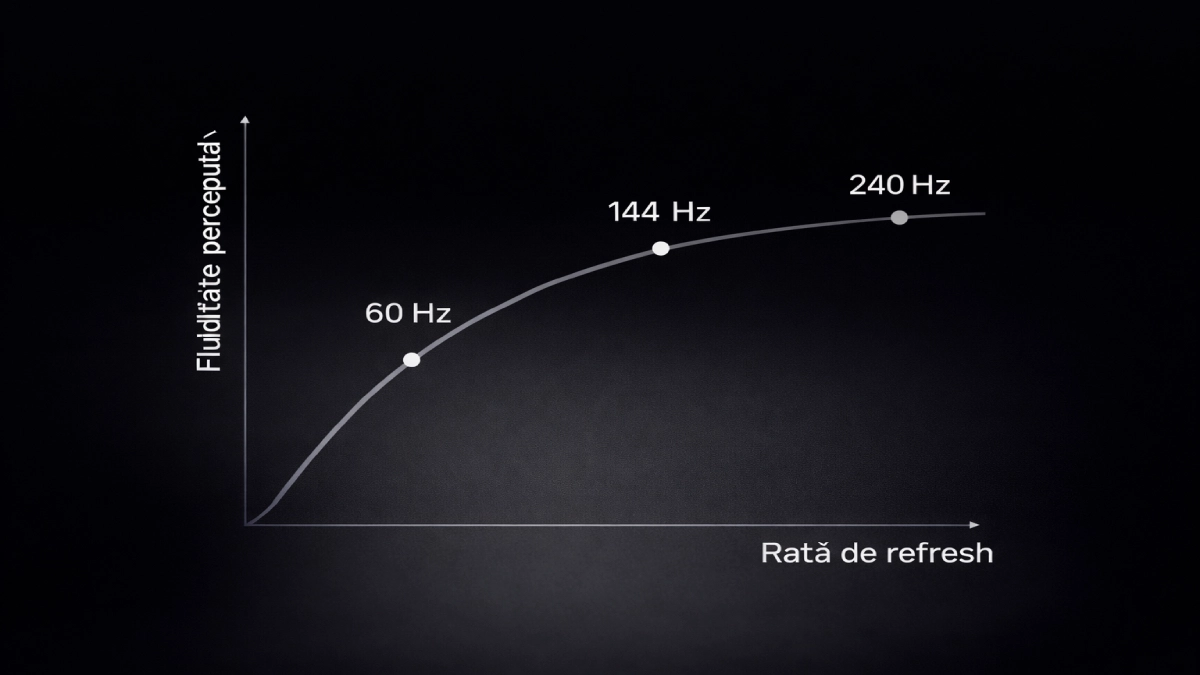 grafic care ilustrează diferența percepută între 60 Hz, 144 Hz și 240 Hz în gaming