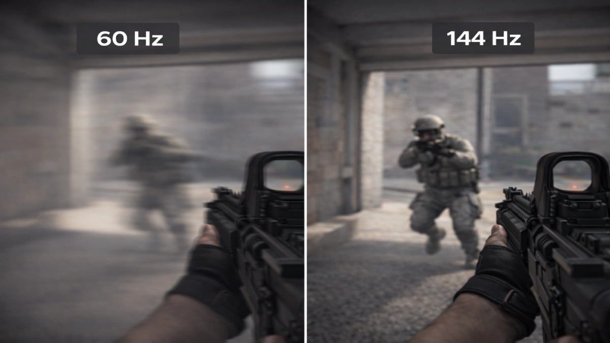 diferență de claritate în mișcare între 60 Hz și 144 Hz într-un joc FPS