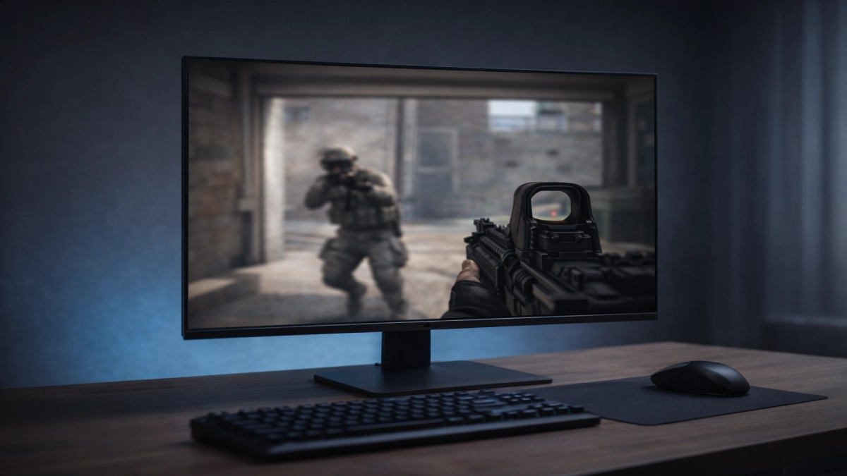 Monitor de gaming 27 inch afișând joc FPS într-un setup modern minimalist