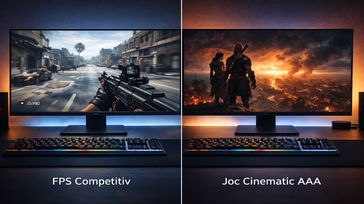monitor gaming afișând FPS competitiv comparat cu joc cinematic AAA