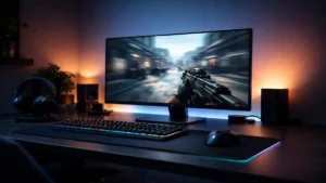 monitor de gaming cu refresh ridicat afișând joc FPS într-un setup modern