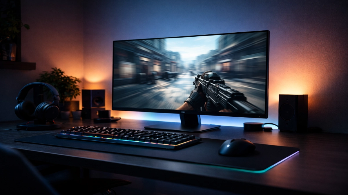 monitor de gaming cu refresh ridicat afișând joc FPS într-un setup modern