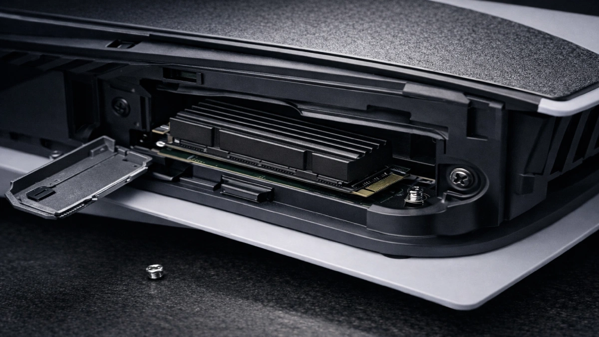 Slotul M.2 al consolei PlayStation 5 cu SSD NVMe PCIe Gen4 cu heatsink montat corect