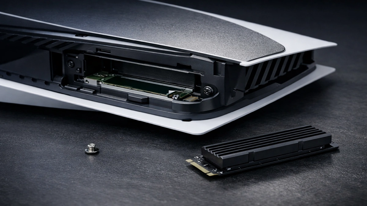 SSD M.2 PCIe Gen4 cu heatsink lângă consola PlayStation 5 cu slotul intern de expansiune vizibil