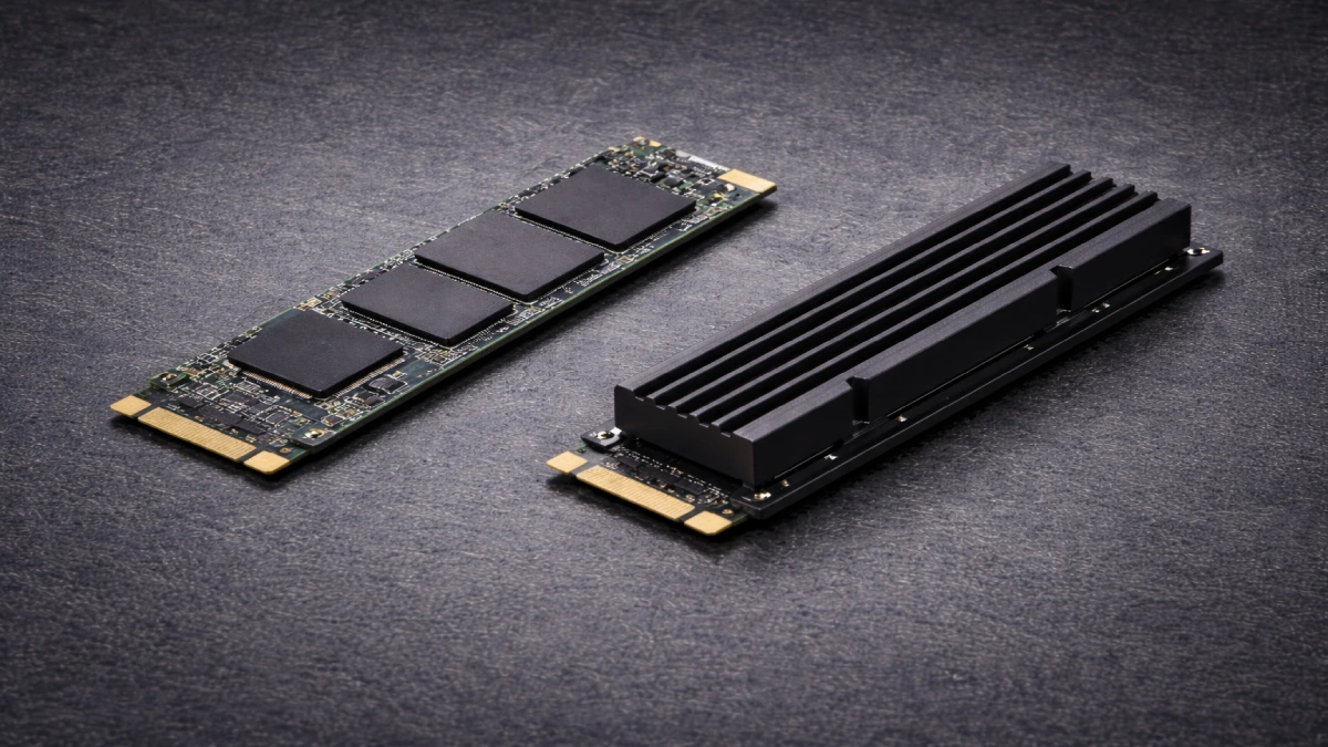 Două SSD-uri M.2 2280 identice, unul fără radiator și unul cu heatsink negru, comparate pentru utilizare în PS5