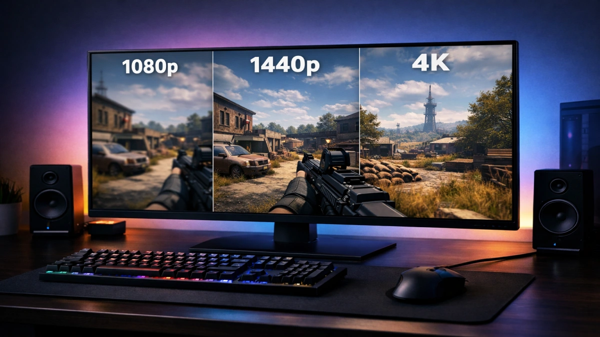 comparație rezoluții monitor gaming 1080p 1440p 4K într-un setup modern de gaming