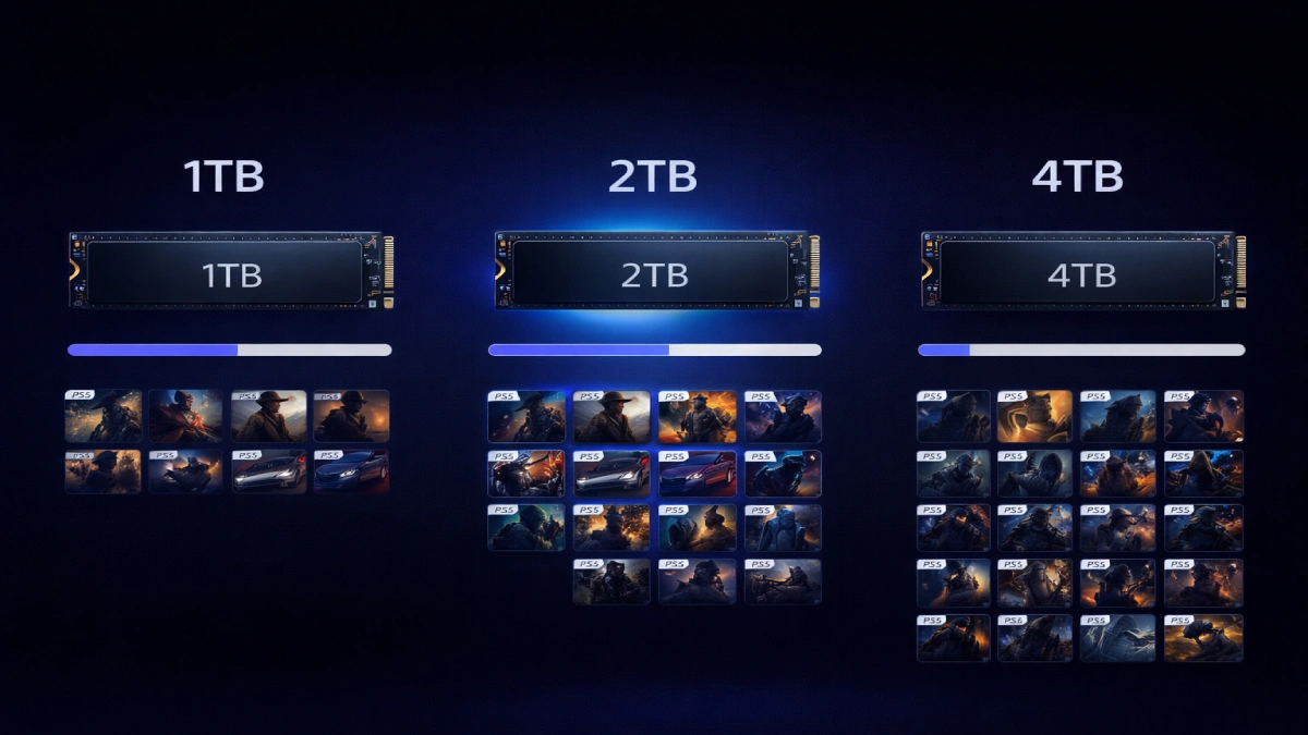 comparatie ssd ps5 1tb vs 2tb vs 4tb cu diferenta de spatiu si numar de jocuri instalate
