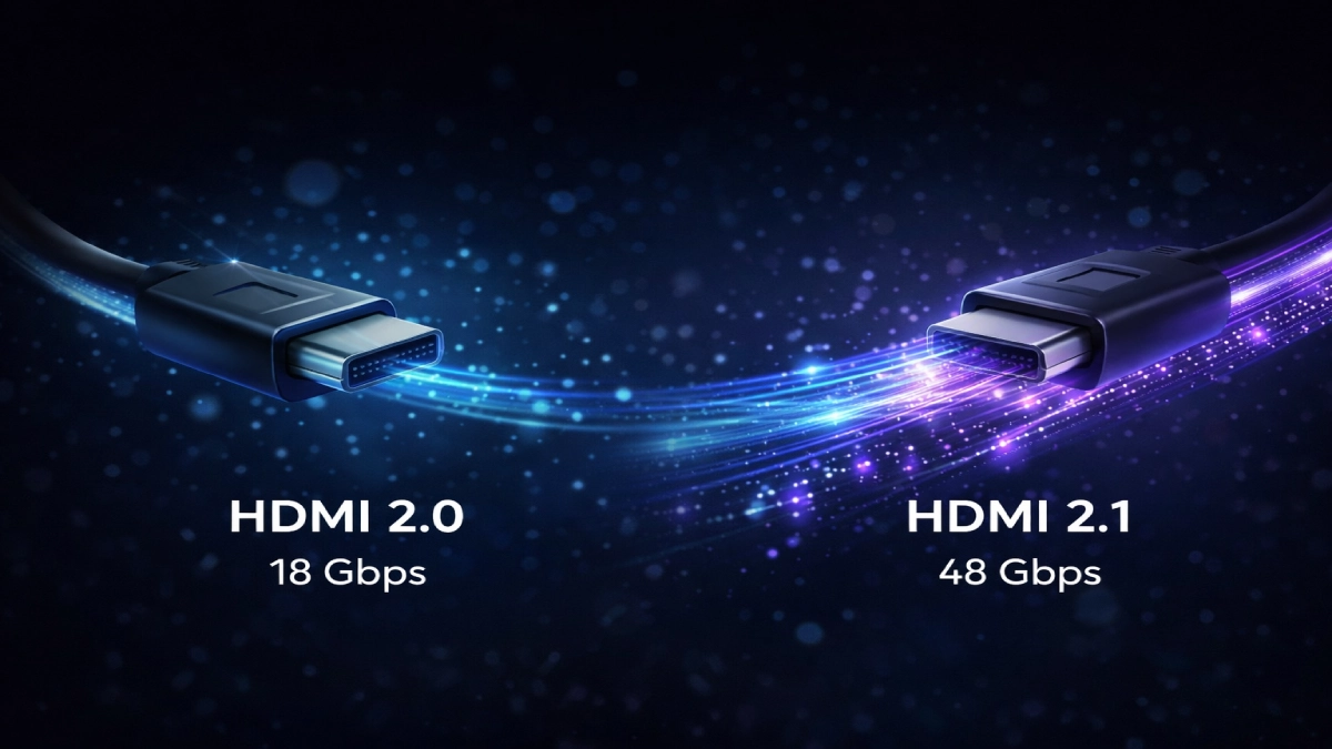Comparație între HDMI 2.0 și HDMI 2.1 ilustrând diferența de lățime de bandă