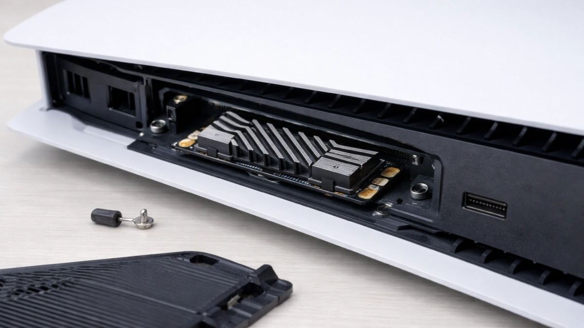 Slot intern M.2 al consolei PlayStation 5 cu SSD NVMe PCIe Gen4 și heatsink pregătit pentru instalare