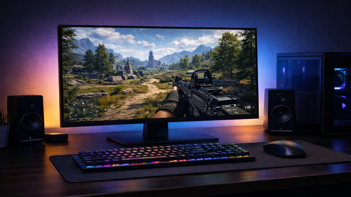 monitor gaming 27 inch 1440p într-un setup modern de gaming pe birou