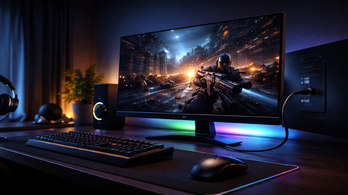 monitor de gaming modern cu HDMI 2.1 și VRR afișând joc în mișcare într-un setup RGB
