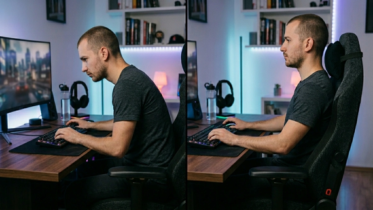 comparație între postură incorectă și corectă pe scaun de gaming la birou