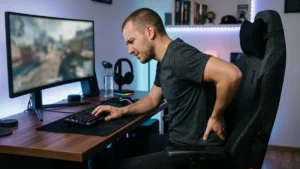 bărbat pe scaun de gaming cu durere lombară și postură incorectă la birou