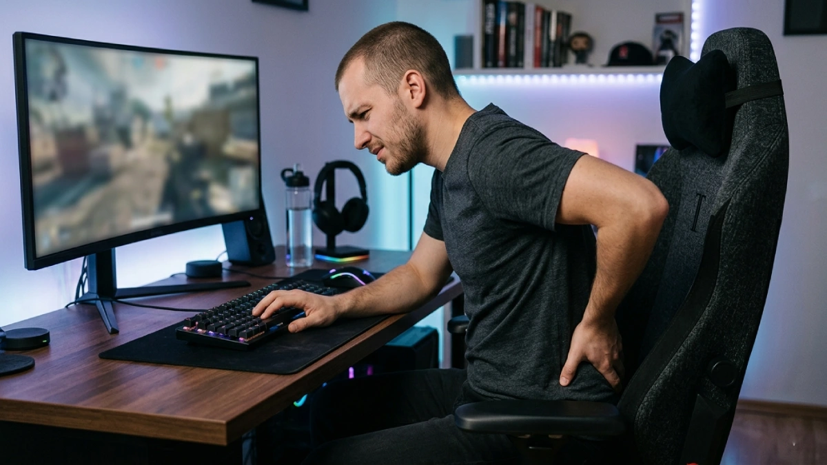bărbat pe scaun de gaming cu durere lombară și postură incorectă la birou