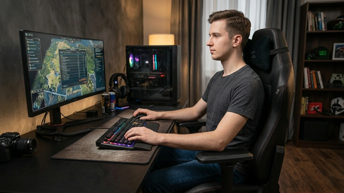 utilizator asezat corect pe scaun de gaming cu postura ergonomica si spate drept