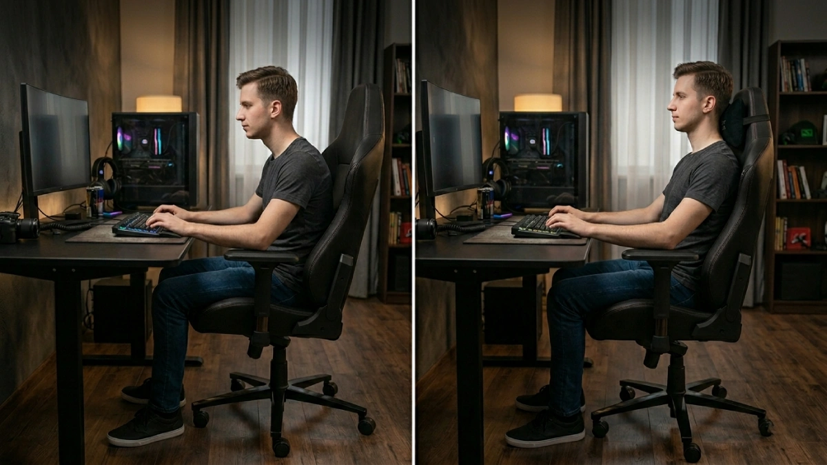 comparatie postura gresita vs corecta pe scaun de gaming