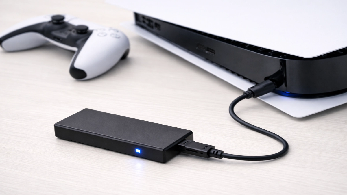 SSD extern USB conectat la consola PlayStation 5 pentru stocarea jocurilor
