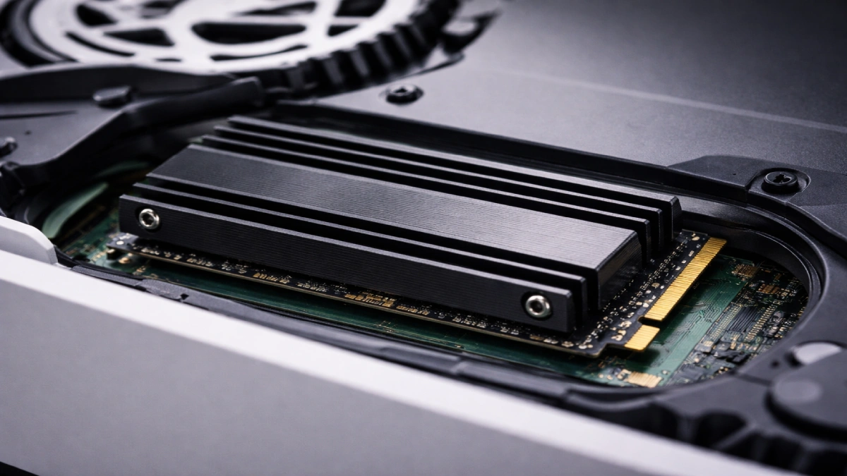 SSD NVMe cu radiator instalat în slotul intern al consolei PlayStation 5