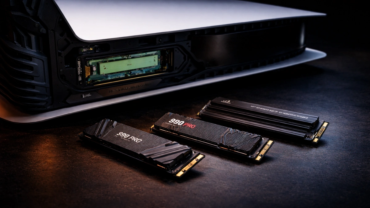 Slot SSD M.2 PS5 cu mai multe SSD-uri NVMe cu heatsink așezate lângă consolă