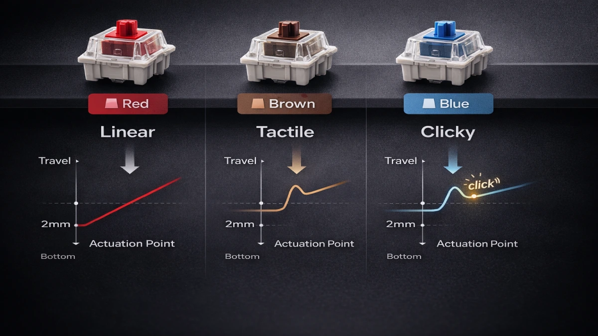 diferența dintre switch-uri mecanice Red Brown Blue explicată vizual linear tactile clicky
