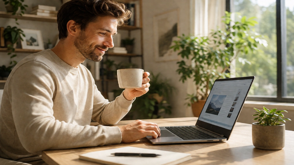 bărbat relaxat care lucrează pe ultrabook argintiu cu cafea în mână în spațiu de lucru luminos cu plante