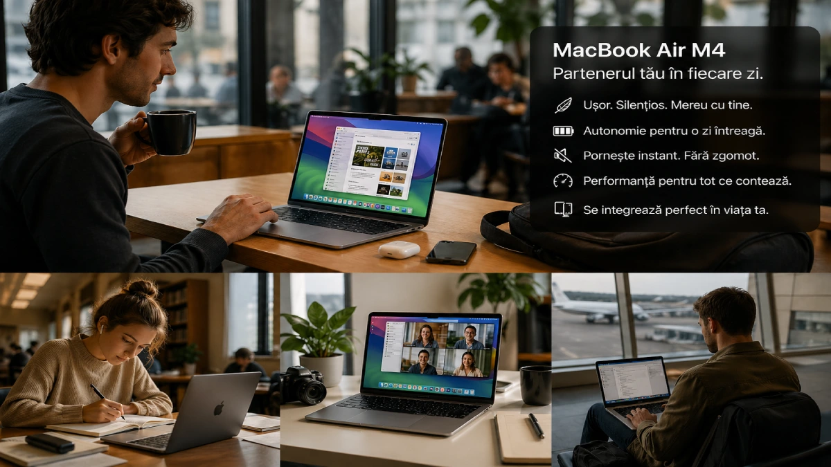 Apple MacBook Air 13 M4 — laptop ultraportabil 1,24 kg cu autonomie 18 ore