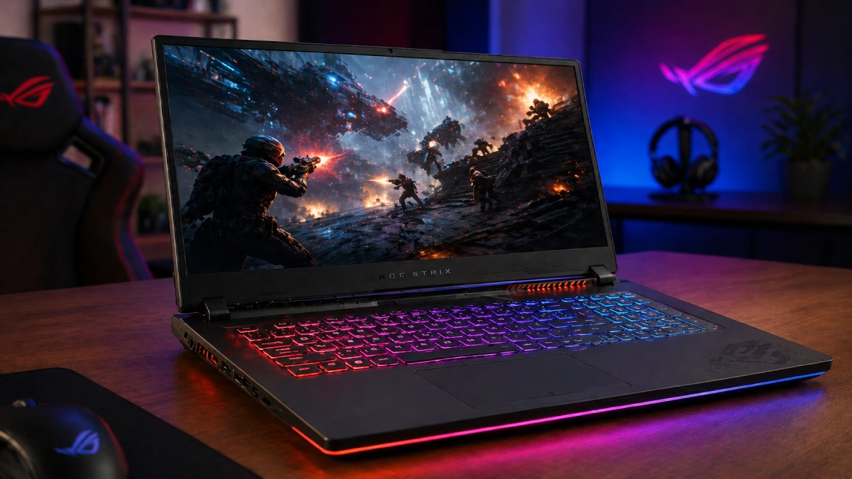laptop ASUS ROG Strix cu iluminare RGB tastatură și scenă gaming pe ecran în cameră întunecată