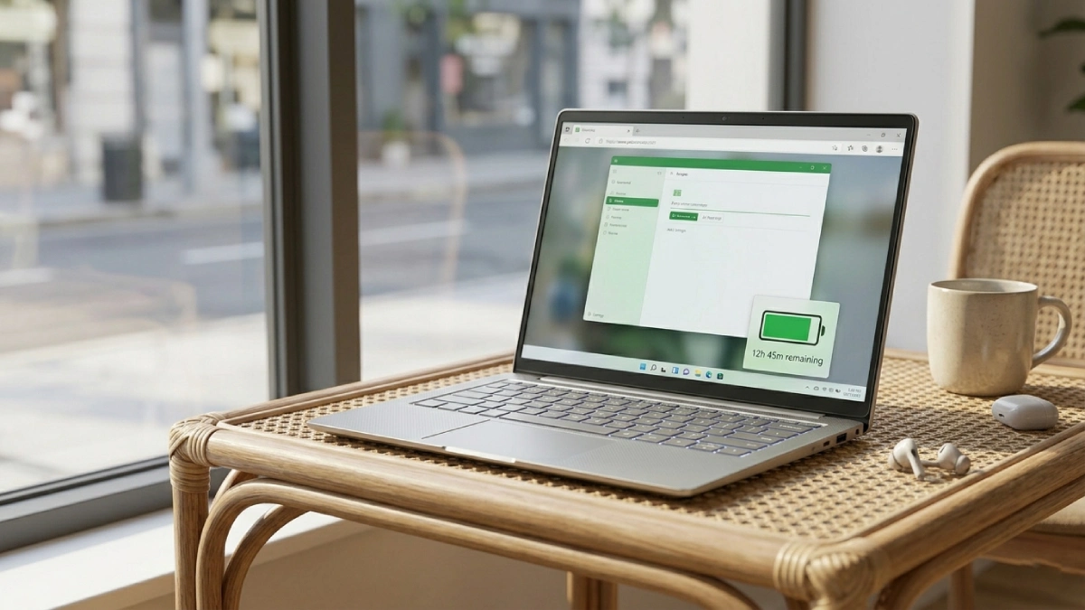 Laptop ultraportabil utilizat într-o cafenea fără cablu de alimentare, afișând un indicator de baterie cu autonomie mare