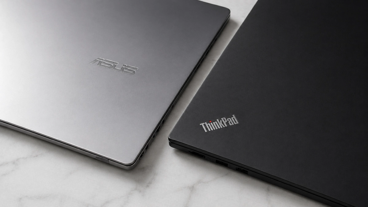 detaliu construcție laptop ASUS aluminiu și Lenovo ThinkPad negru mat
