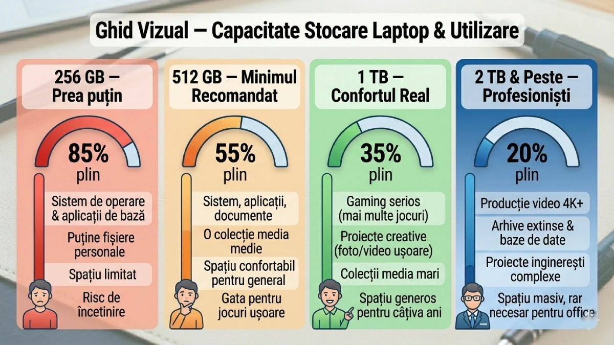 capacitate stocare laptop — 256 GB prea puțin, 512 GB minim recomandat, 1 TB confort real, 2 TB pentru profesioniști