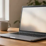 Laptop deschis pe birou cu lumină naturală — ghid cât durează un laptop